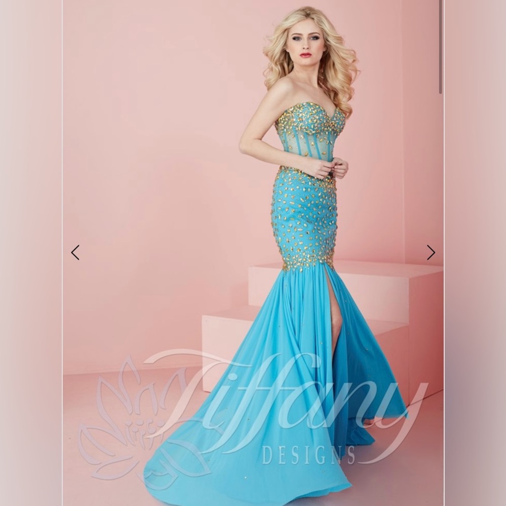 Tiffany Designs Turquoise and Gold Mermaid Dress